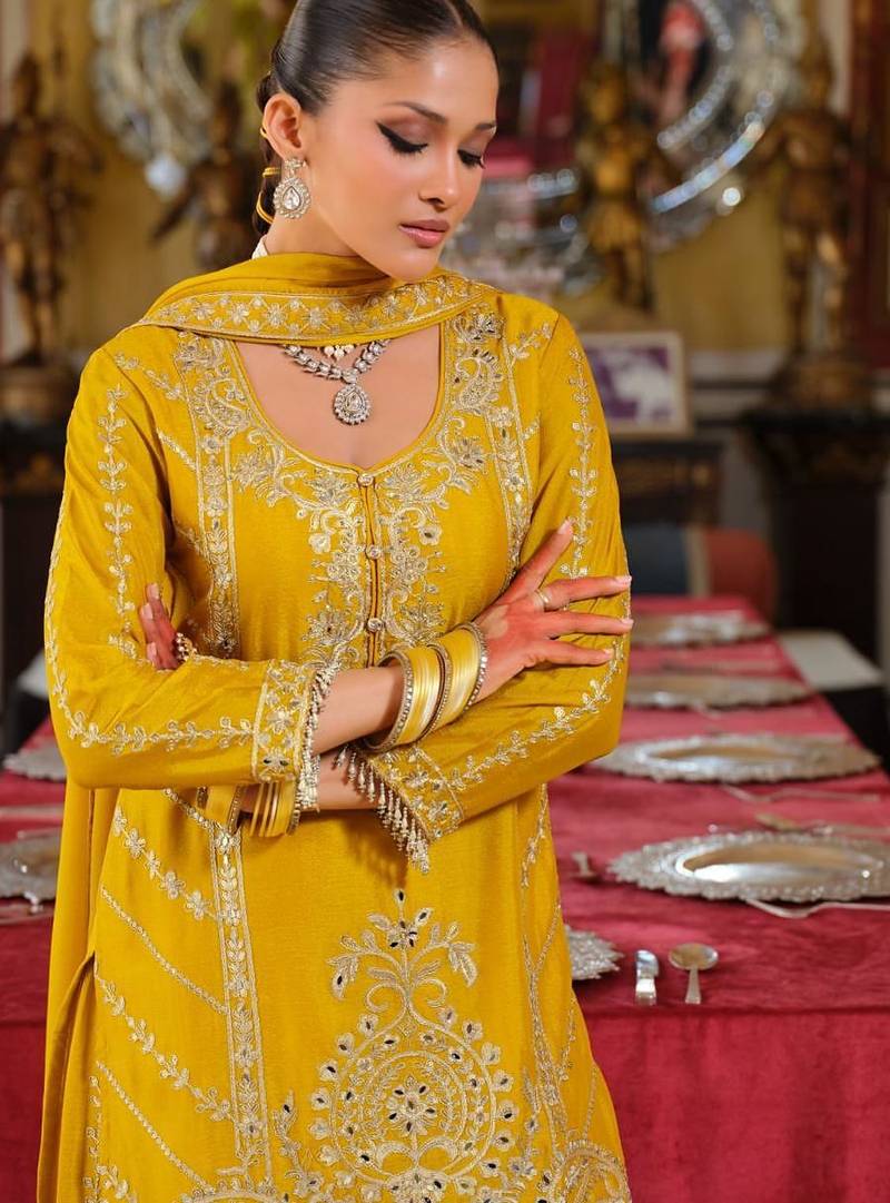 Chinon free size stitched suit with embroidery work
