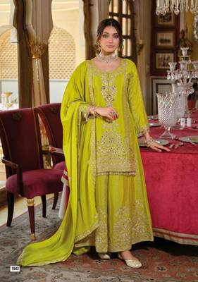 Green Chinon Free Size Stitched Suit with Embroidery  2