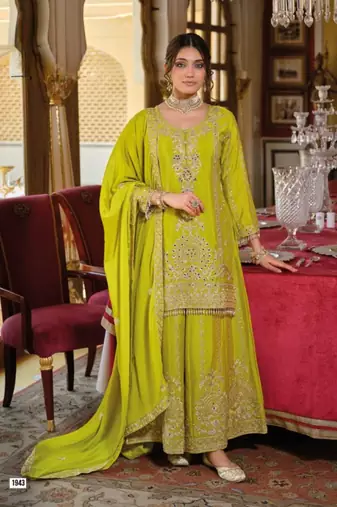 Green Chinon Free Size Stitched Suit with Embroidery 