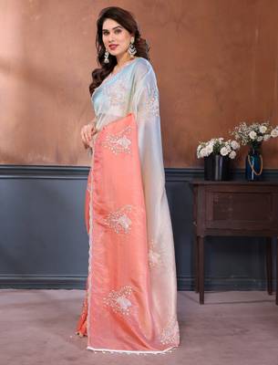 Women Poly Georgette Embroidery Sequence Bird Work Saree 2