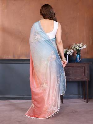 Women Poly Georgette Embroidery Sequence Bird Work Saree 3