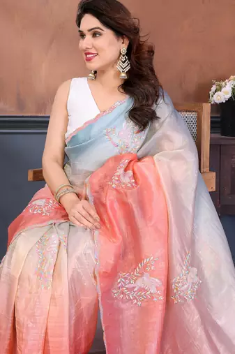 Women Poly Georgette Embroidery Sequence Bird Work Saree