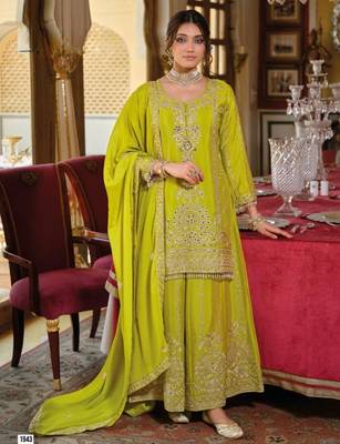 Green Chinon Free Size Stitched Suit with Embroidery  3