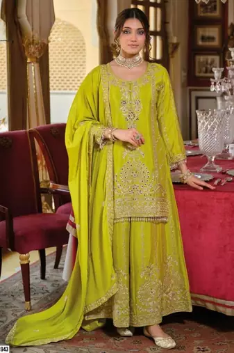 Green Chinon Free Size Stitched Suit with Embroidery 