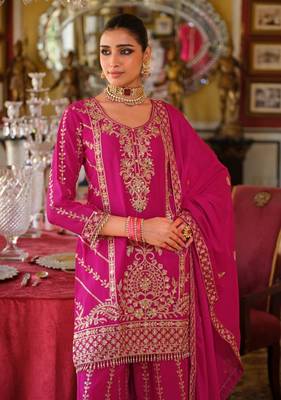 Magenta Chinon Free Size Stitched Suit with Embroidery  2