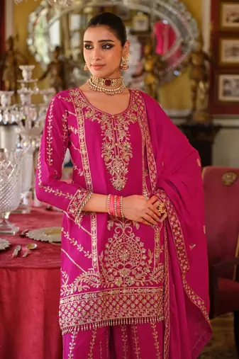 Magenta Chinon Free Size Stitched Suit with Embroidery 