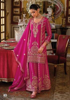 Magenta Chinon Free Size Stitched Suit with Embroidery  3
