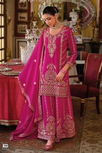 Magenta Chinon Free Size Stitched Suit with Embroidery 