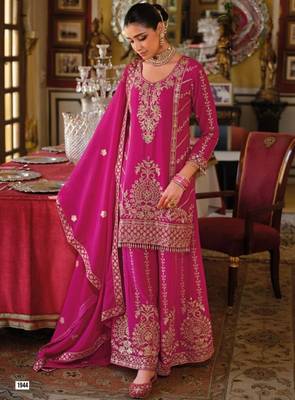 Magenta Chinon Free Size Stitched Suit with Embroidery  4