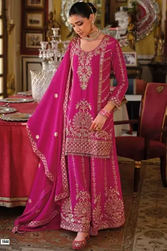 Magenta Chinon Free Size Stitched Suit with Embroidery 