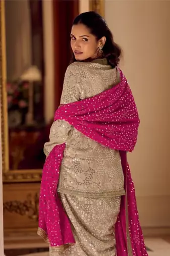Cream Georgette Free Size Stitched Suit with embroidered Beats 