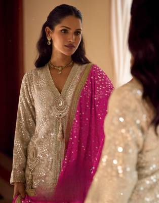 Cream Georgette Free Size Stitched Suit with embroidered Beats  4