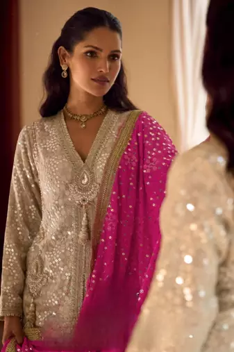 Cream Georgette Free Size Stitched Suit with embroidered Beats 