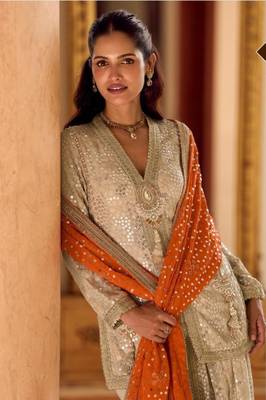 Cream Georgette Free Size Stitched Suit with embroidered Beats  3