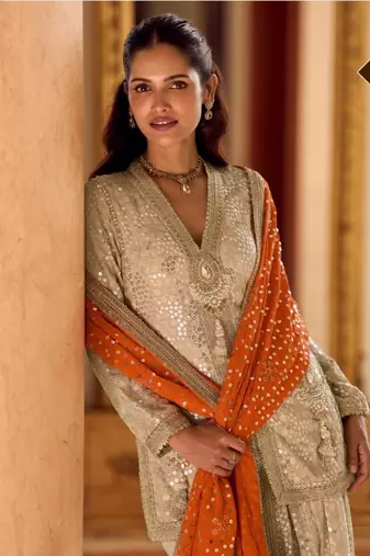 Cream Georgette Free Size Stitched Suit with embroidered Beats 