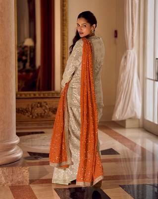 Cream Georgette Free Size Stitched Suit with embroidered Beats  4