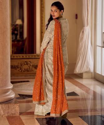 Cream Georgette Free Size Stitched Suit with embroidered Beats  1