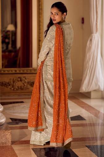 Georgette free size stitched suit with embroidery & beats work