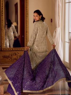 Cream Georgette Free Size Stitched Suit with embroidered Beats  4