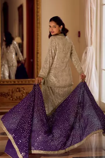 Cream Georgette Free Size Stitched Suit with embroidered Beats 