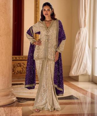 Cream Georgette Free Size Stitched Suit with embroidered Beats  5