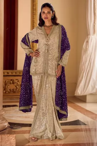Cream Georgette Free Size Stitched Suit with embroidered Beats 
