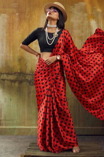 Red & black all over colorful printed japan satin saree with unstitched blouse