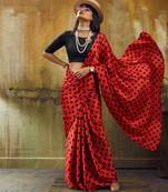Red & black all over colorful printed japan satin saree with unstitched blouse