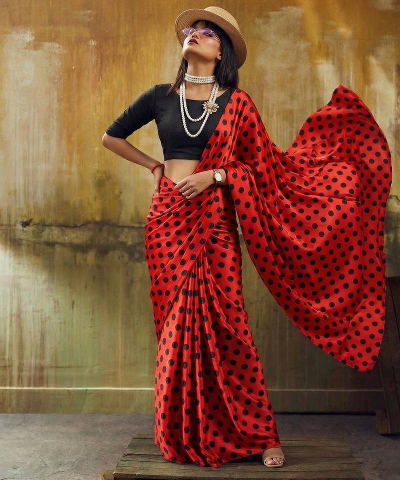 Red & black all over colorful printed japan satin saree with unstitched blouse
