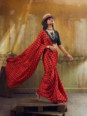 Red & black all over colorful printed japan satin saree with unstitched blouse 2