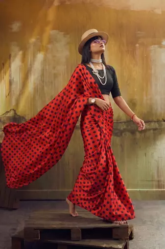 Red & black all over colorful printed japan satin saree with unstitched blouse