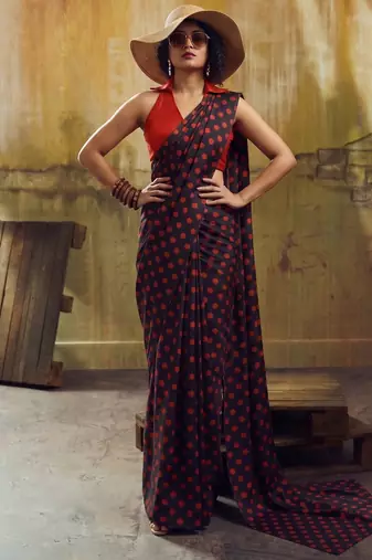 Black & red color polka dots printed japan satin saree with unstitched blouse