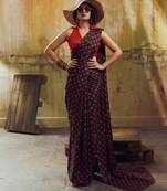 Black & red color polka dots printed japan satin saree with unstitched blouse