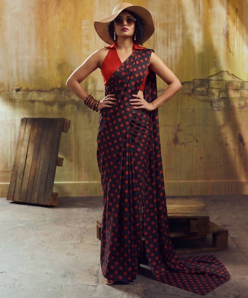 Black & red color polka dots printed japan satin saree with unstitched blouse