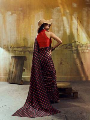 Black & red color polka dots printed japan satin saree with unstitched blouse 2