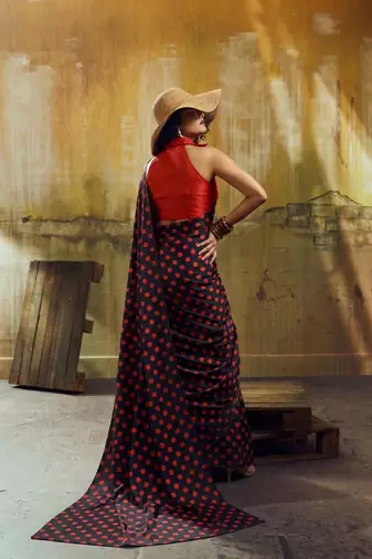 Black & red color polka dots printed japan satin saree with unstitched blouse