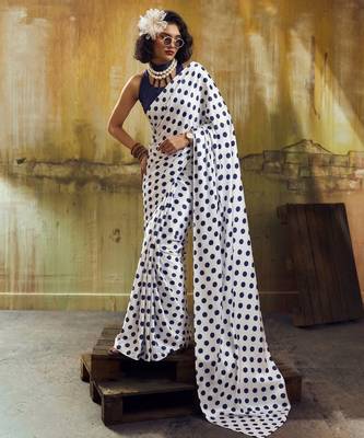 White & neavy-blue color polka dots printed japan satin saree with unstitched blouse 1