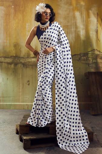 White & neavy-blue color polka dots printed japan satin saree with unstitched blouse