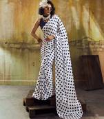 White & neavy-blue color polka dots printed japan satin saree with unstitched blouse