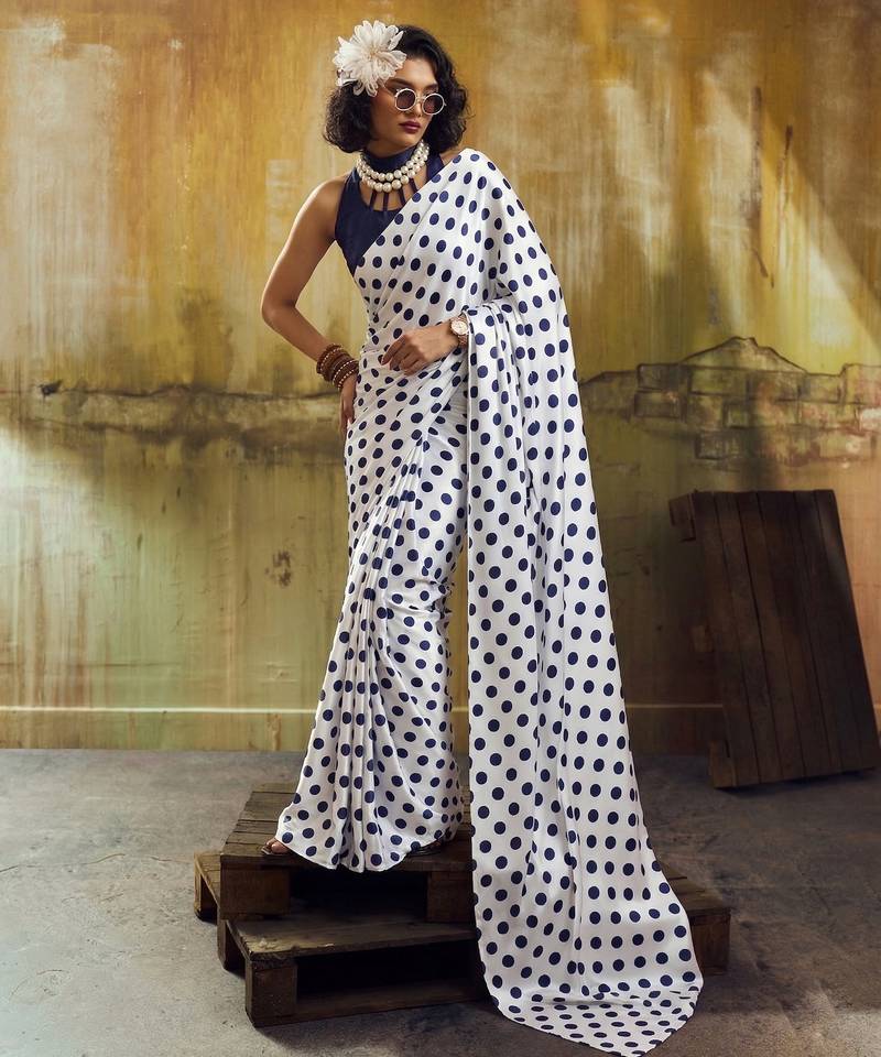 White & neavy-blue color polka dots printed japan satin saree with unstitched blouse