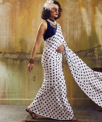 White & neavy-blue color polka dots printed japan satin saree with unstitched blouse 2