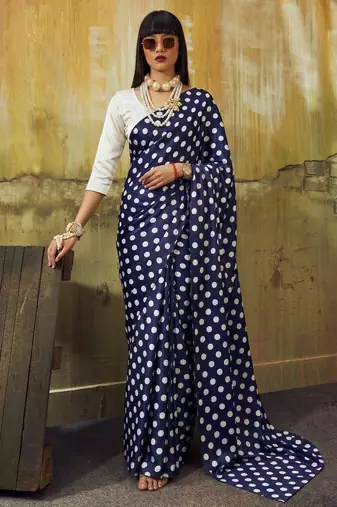Neavy-blue & white color polka dots printed japan satin saree with unstitched blouse