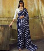 Neavy-blue & white color polka dots printed japan satin saree with unstitched blouse