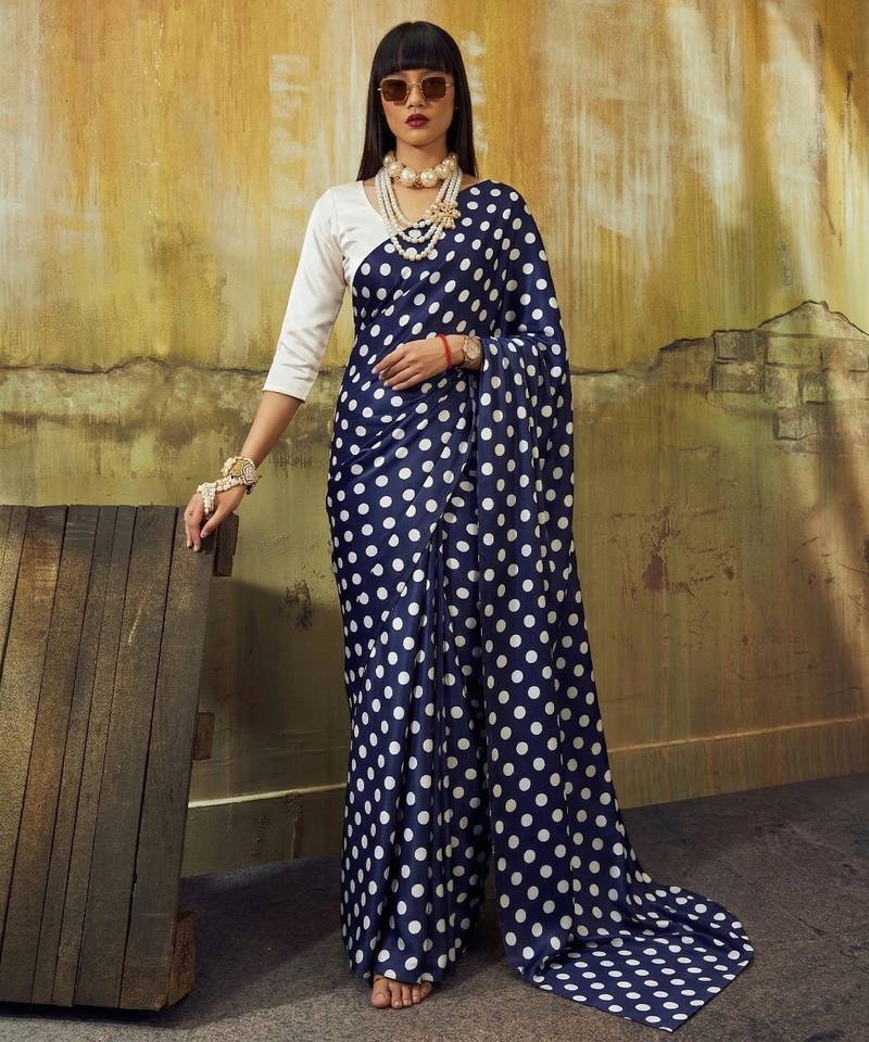 Neavy-blue & white color polka dots printed japan satin saree with unstitched blouse
