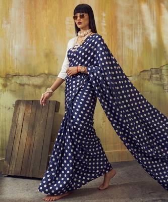 Neavy-blue & white color polka dots printed japan satin saree with unstitched blouse 2