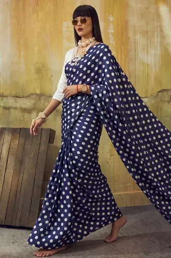 Neavy-blue & white color polka dots printed japan satin saree with unstitched blouse