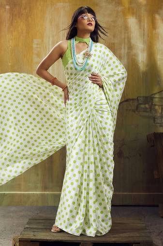 White & parrot color polka dots printed japan satin saree with unstitched blouse