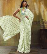 White & parrot color polka dots printed japan satin saree with unstitched blouse