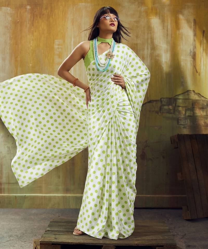White & parrot color polka dots printed japan satin saree with unstitched blouse