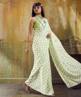 White & parrot color polka dots printed japan satin saree with unstitched blouse 2